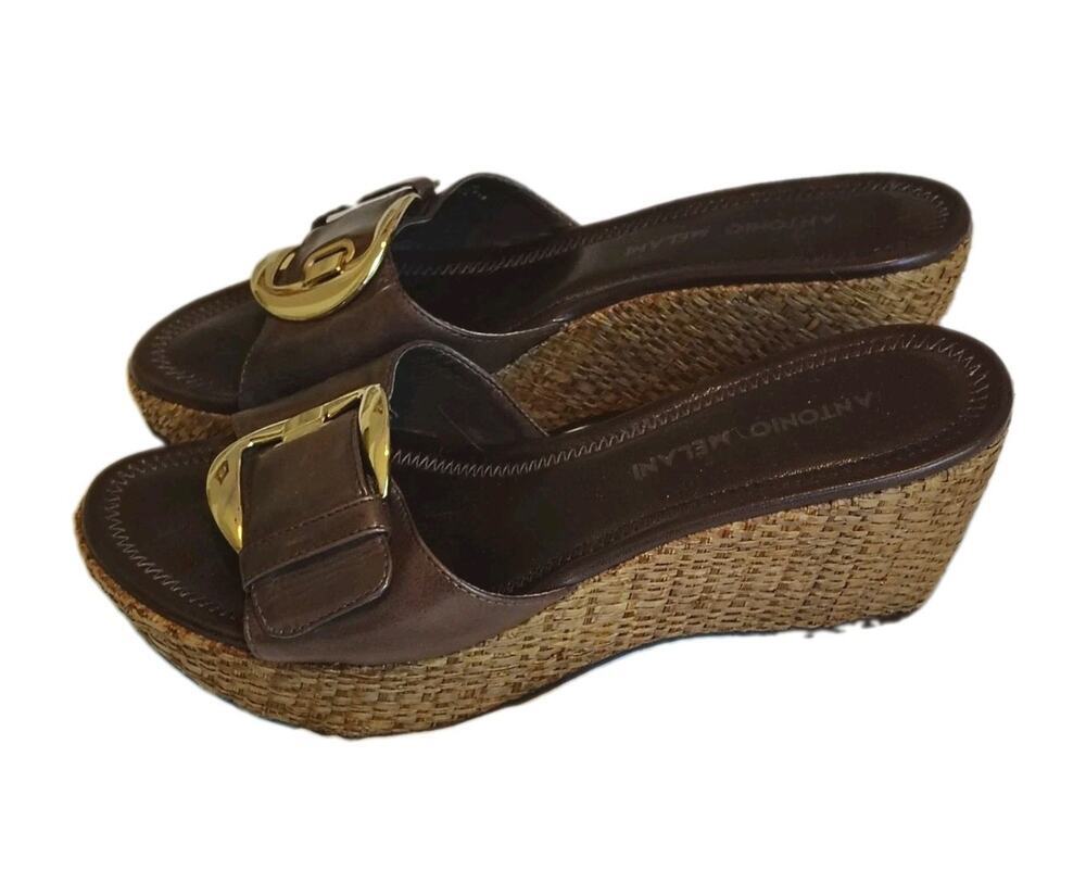 Antonio Melani Brown Leather Wedge Slide Sandals Gold Buckle Straw Heel Size 7M